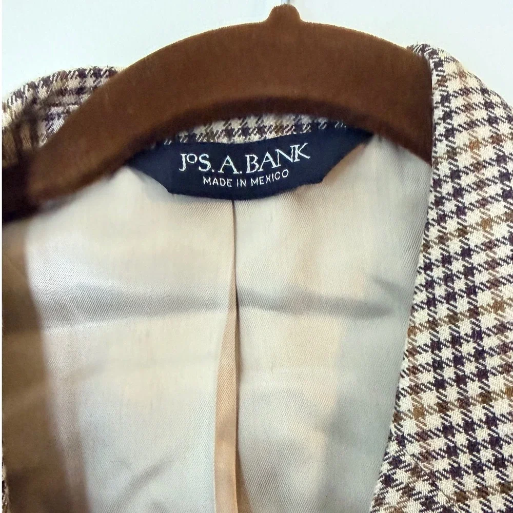 Jos A. Bank Silk Wool Blend Houndstooth Sport Coat Blazer Tan Brown 41 Regular